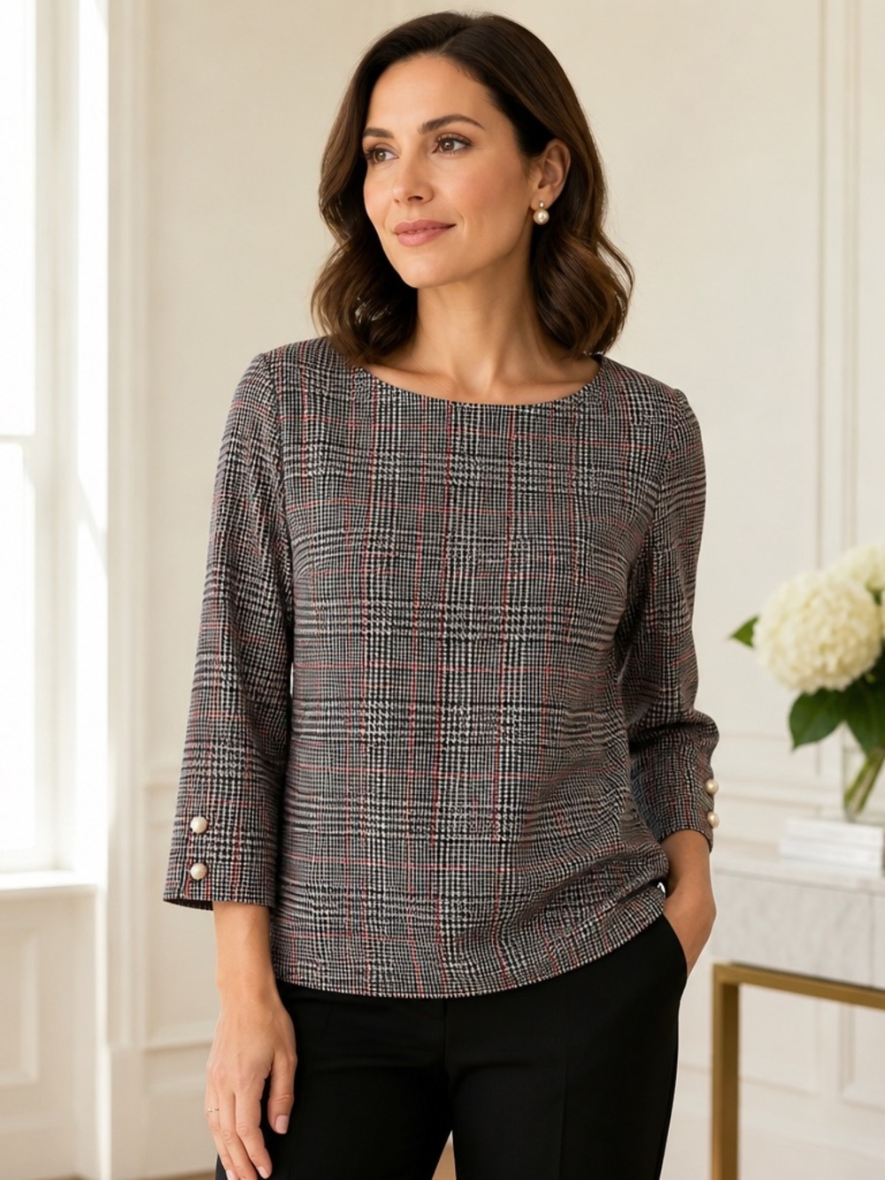 Talbots Women's M Black White Red Plaid Knit Top Pearl Button Quiet Luxury NWOT